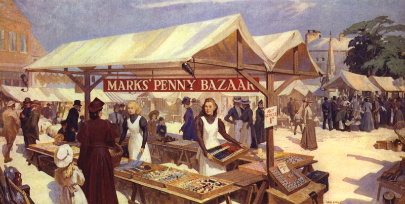 Az An Artists Impression of Marks Penny Bazaar 1884-ben Michael Markstól, Sir Simon Marks apjától származik. alkotó: English School