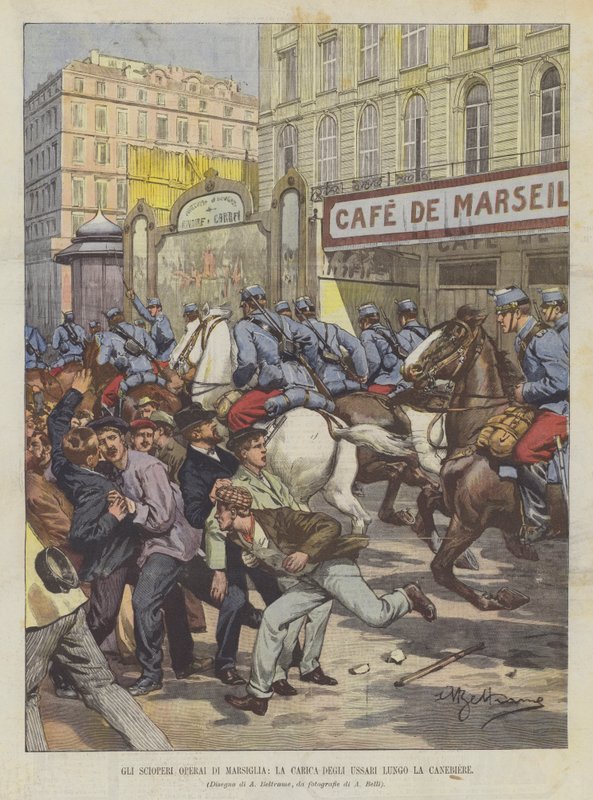 A marseille-i munkások sztrájkjai, a huszárok rohama a Canebiere mentén alkotó: Achille Beltrame