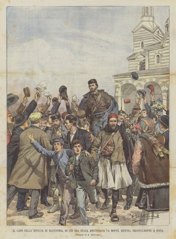 A macedón felkelés főnöke, akinek halálát bejelentették, diadalmasan visszatér Szófiába alkotó: Achille Beltrame