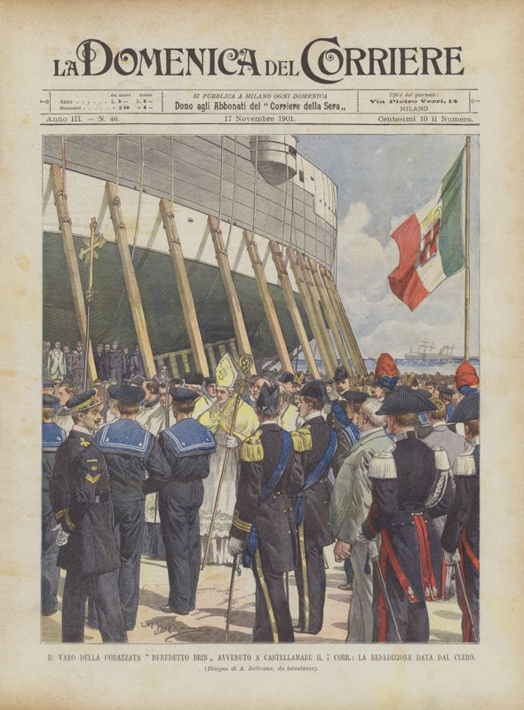 A Benedetto Brin csatahajó vízre bocsátása Corr 7-én történt Castellamare-ban, a papság áldásával. alkotó: Achille Beltrame