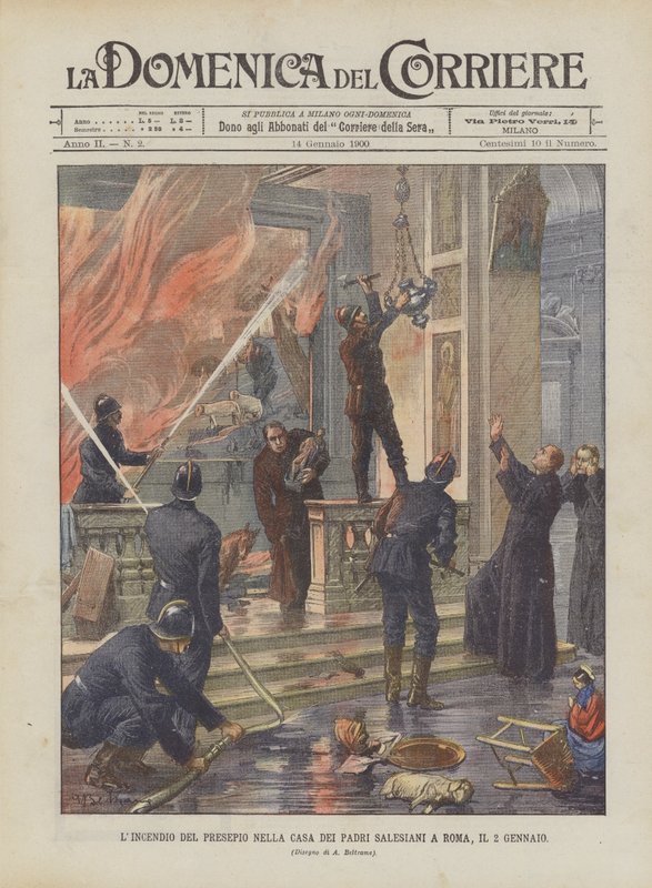 A kiságy tüze a szalézi atyák házában Rómában január 2-án alkotó: Achille Beltrame
