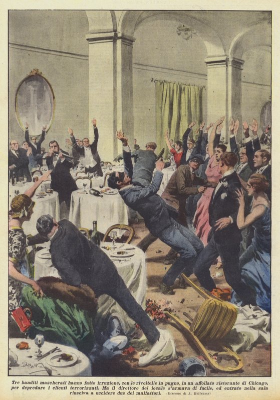 Három álarcos bandita portyázott, revolverekkel a kezében, egy zsúfolt? alkotó: Achille Beltrame