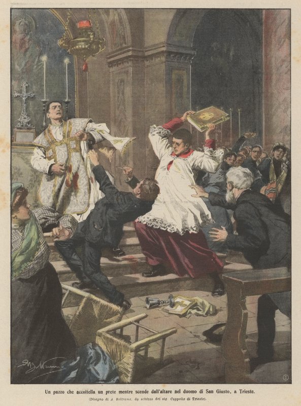 Egy őrült, aki megkéselt egy papot, amint az leszáll az oltárról a trieszti San Giusto katedrálisban alkotó: Achille Beltrame