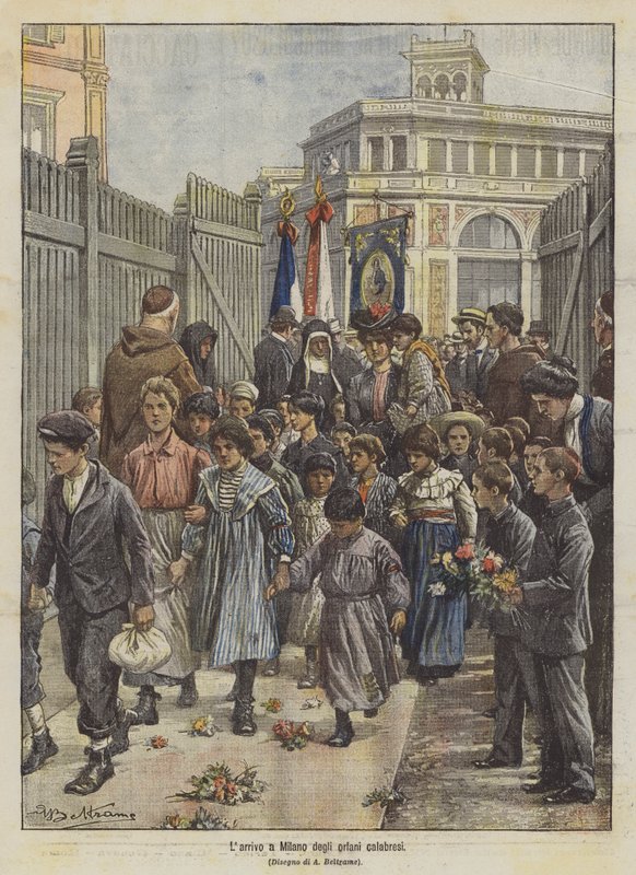 Calabriai árvák érkezése Milánóba alkotó: Achille Beltrame