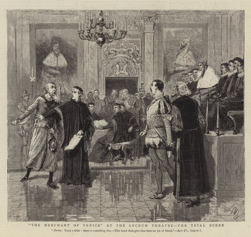 A velencei kalmár a Lyceum Színházban, a tárgyalási jelenet alkotó: Adrien Emmanuel Marie