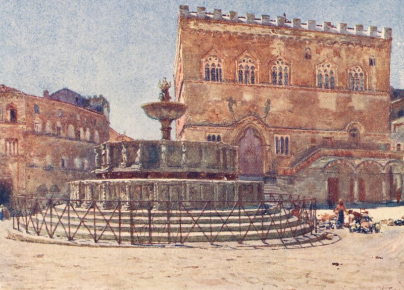 Piazza S Lorenzo, Perugia (színes litográfia) alkotó: Alberto Pisa