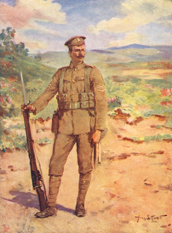 1. világháború: Egy modern brit katona (színes litográfia) alkotó: Allan Stewart