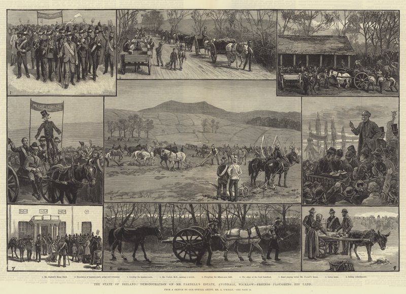 Ír állam, demonstráció Mr. Parnell birtokán, Avondale, Wicklow, Barátok szántják földjét alkotó: Aloysius O