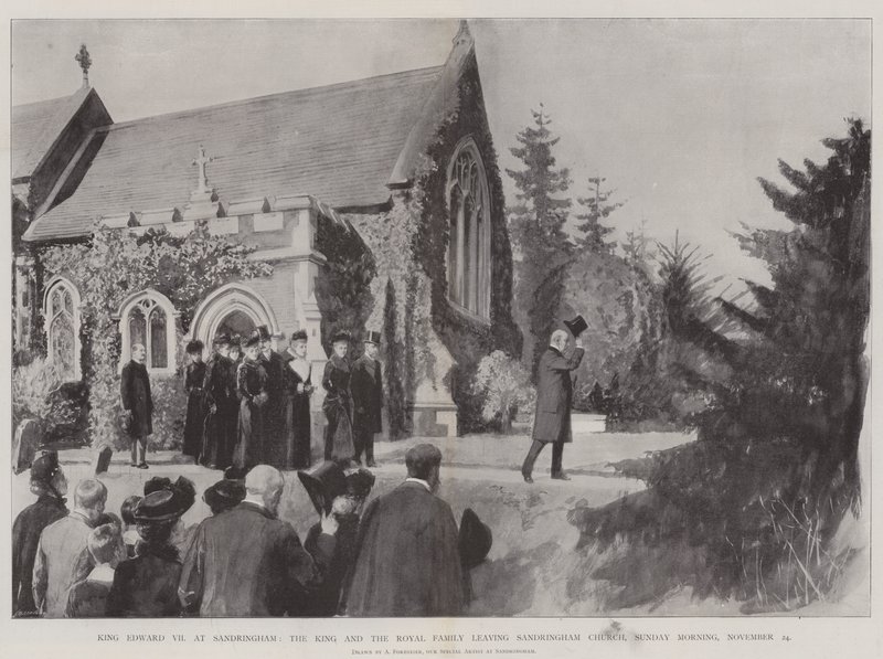 VII. Edward király Sandringhamben, a király és a királyi család elhagyja a sandringhami templomot, november 24., vasárnap reggel. alkotó: Amedee Forestier
