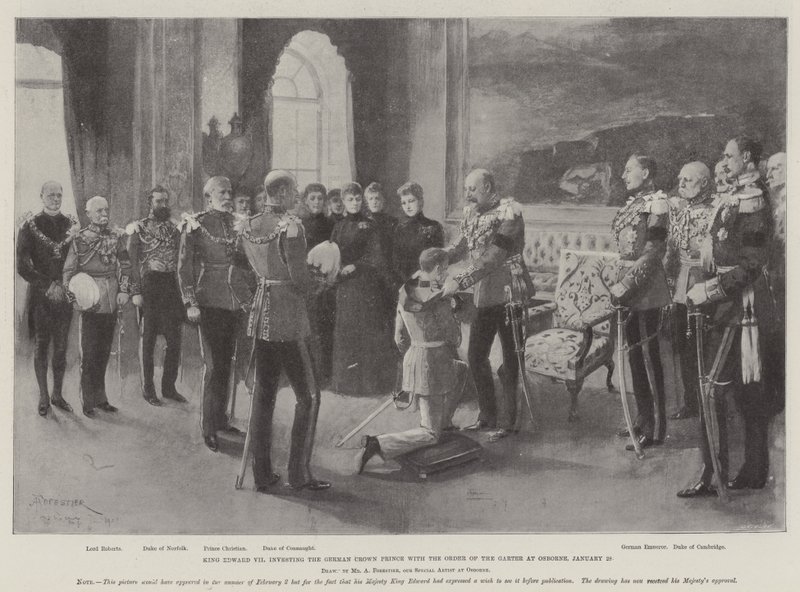 VII. Edward király a német trónörököst a Hagyományőrző Renddel tünteti ki Osborne-nak, január 28. alkotó: Amedee Forestier