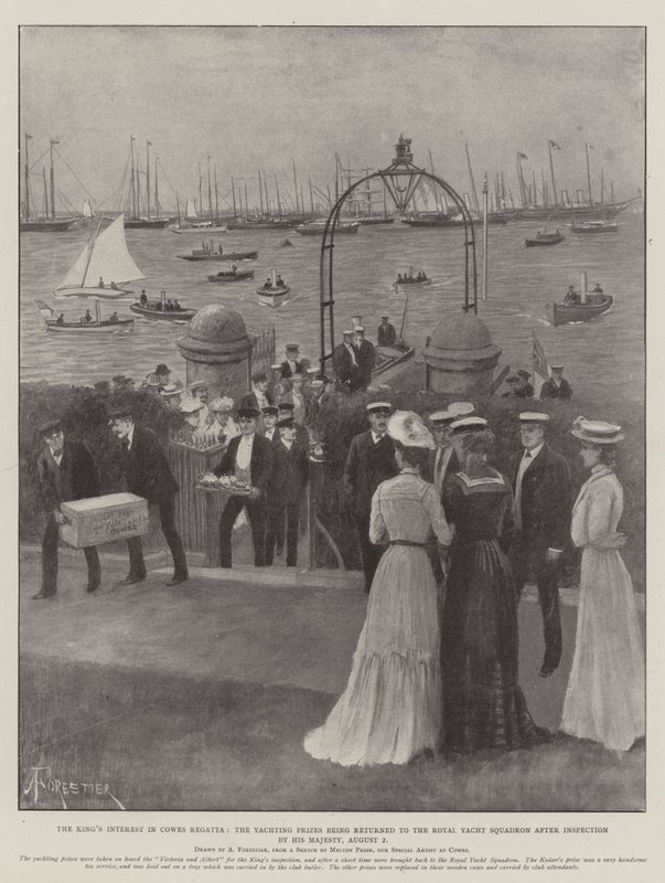 A király érdeklődése a Cowes Regatta iránt, a vitorlás díjakat Őfelsége ellenőrzése után visszaadják a Királyi Jachtrajnak, augusztus 2. alkotó: Amedee Forestier