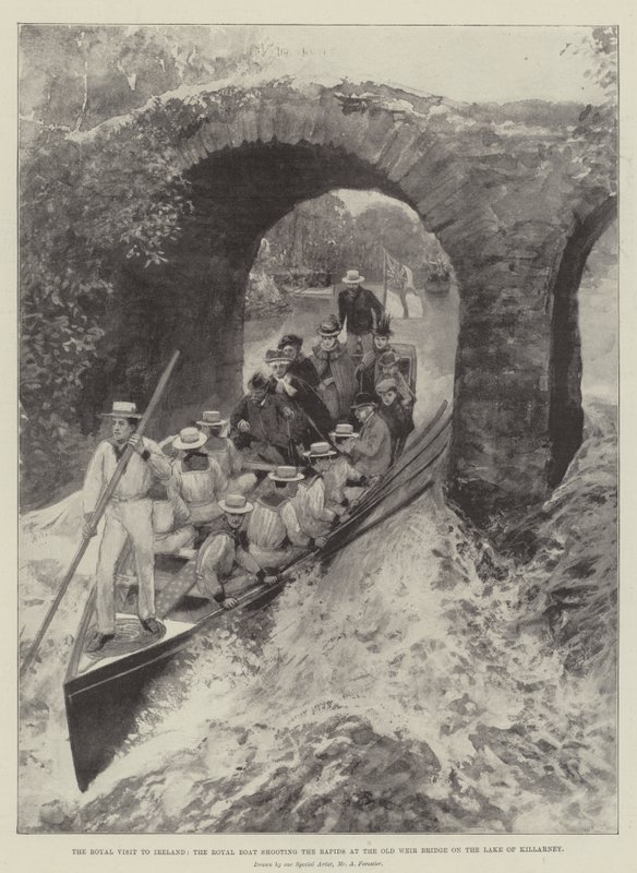 Királyi látogatás Írországban, a Királyi Hajó, amely a Rapids-re lövi a Killarney-tó Old Weir-hídját alkotó: Amedee Forestier