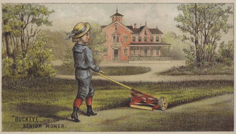 Fiú füvet kaszál a vidéki ház előtt (chromolitho) alkotó: American School