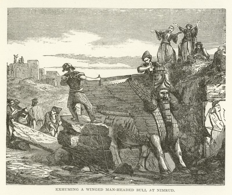 Egy szárnyas emberfejű bika exhumálása Nimrudnál alkotó: American School