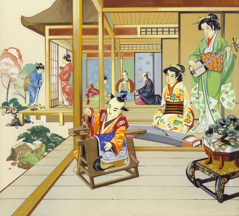 18. századi japán ház (gouache, papír) alkotó: Angus McBride