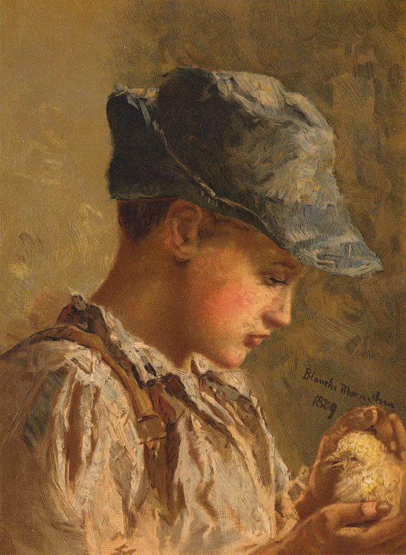 Fiú madárral (chromolitho) alkotó: Blanche F. MacArthur