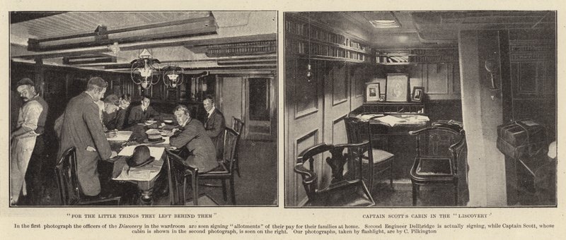 Az apró dolgokért, amiket maguk mögött hagytak, Scotts Cabin kapitány a Discovery litho-ban alkotó: C. Pilkington