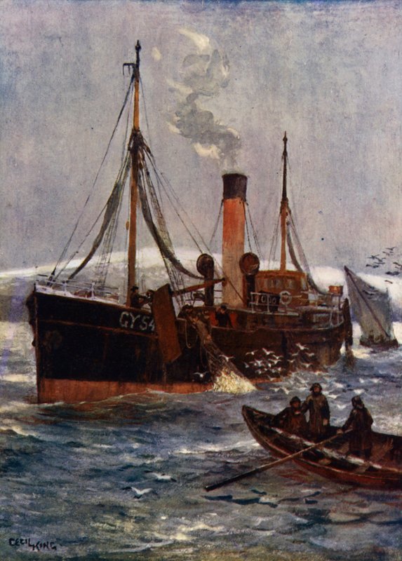 Egy izlandi gőzvonóhálós hajó, 1910 körül (színes litho) alkotó: Cecil King