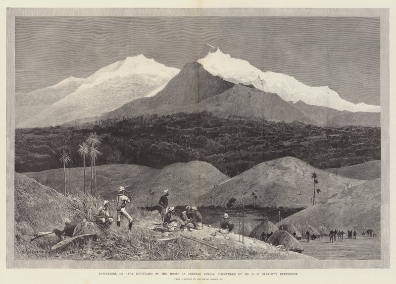A Ruwenzorit, vagyis a Hold hegyeit Közép-Afrikában fedezte fel H. M. Stanley expedíciója. alkotó: Charles Auguste Loye