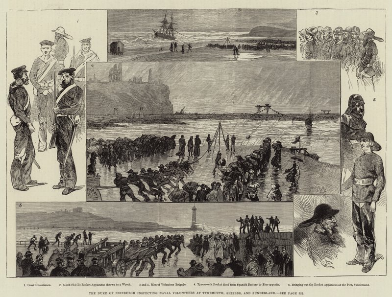 Edinburgh hercege ellenőrzi a haditengerészeti önkénteseket Tynemouthban, Shieldsben és Sunderlandben alkotó: Charles Auguste Loye