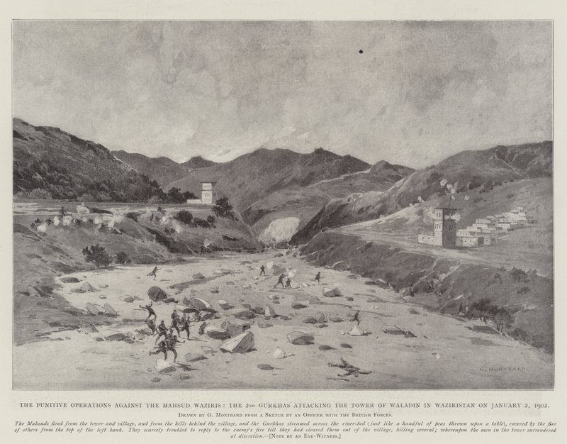 A büntető hadműveletek a Mahsud Waziris, a 2. gurkha ellen, akik megtámadták a wazirisztáni Waladin tornyot 1902. január 2-án alkotó: Charles Auguste Loye