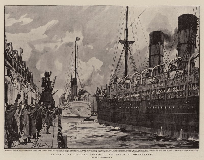 Végre, az Aurania a southamptoni kikötőhelyére érkezik. alkotó: Charles Edward Dixon