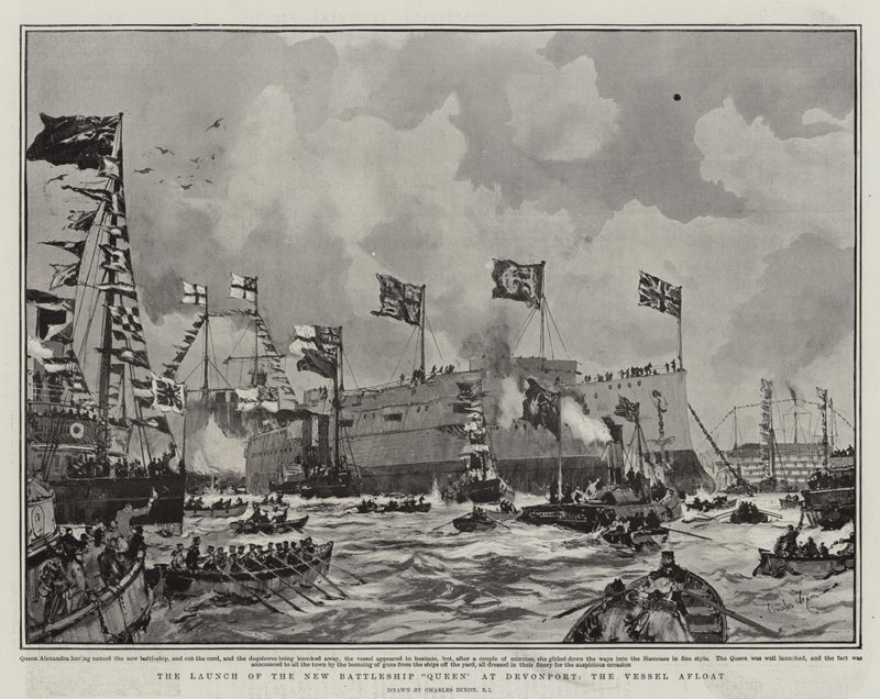 Az új Battleship Queen felbocsátása Devonportban, a vízen lévő hajó alkotó: Charles Edward Dixon
