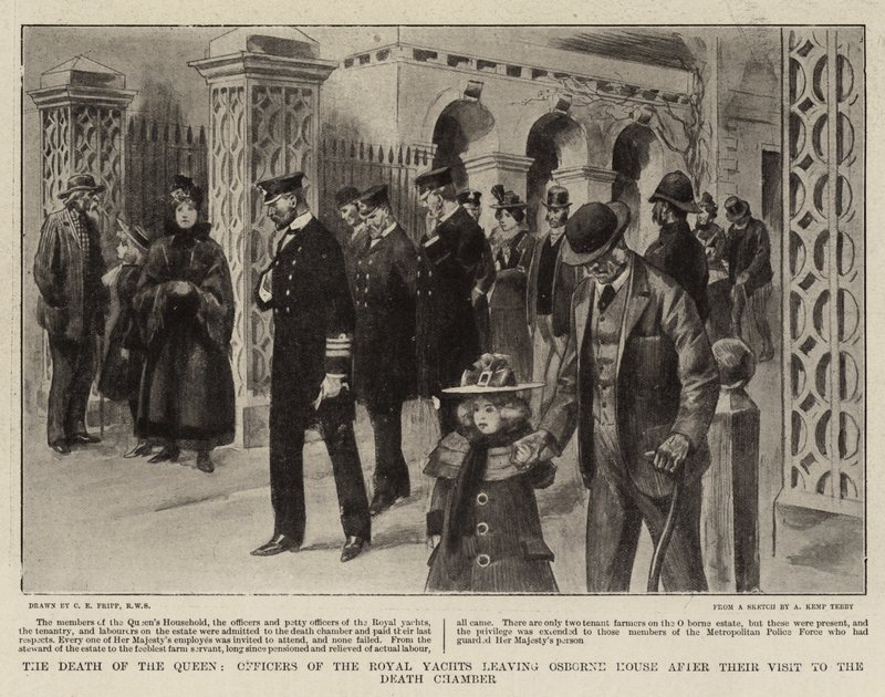 A királynő halála, a királyi jachtok tisztjei elhagyják az Osborne-házat a halotti kamrában tett látogatásuk után alkotó: Charles Edwin Fripp