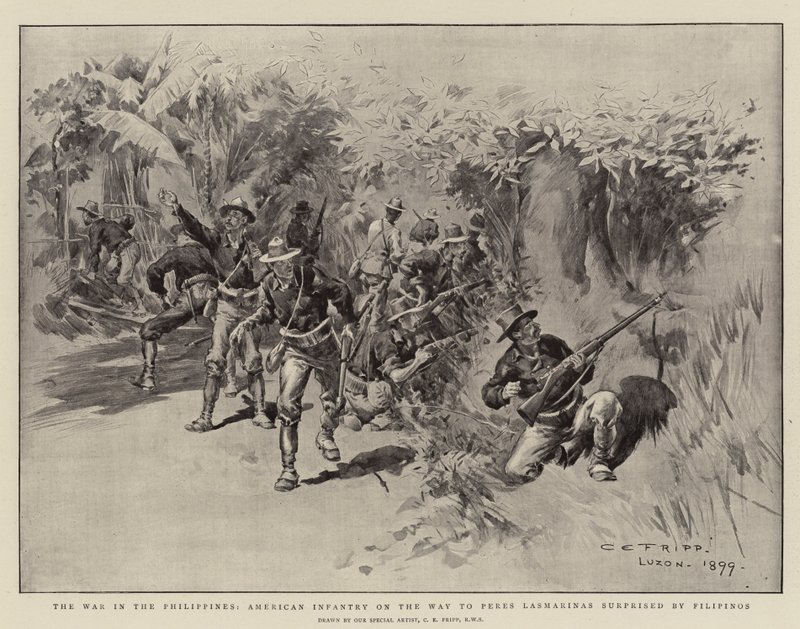 A Fülöp-szigeteki háború, a Fülöp-szigetekiek meglepték az amerikai gyalogságot Peres Lasmarinas felé alkotó: Charles Edwin Fripp