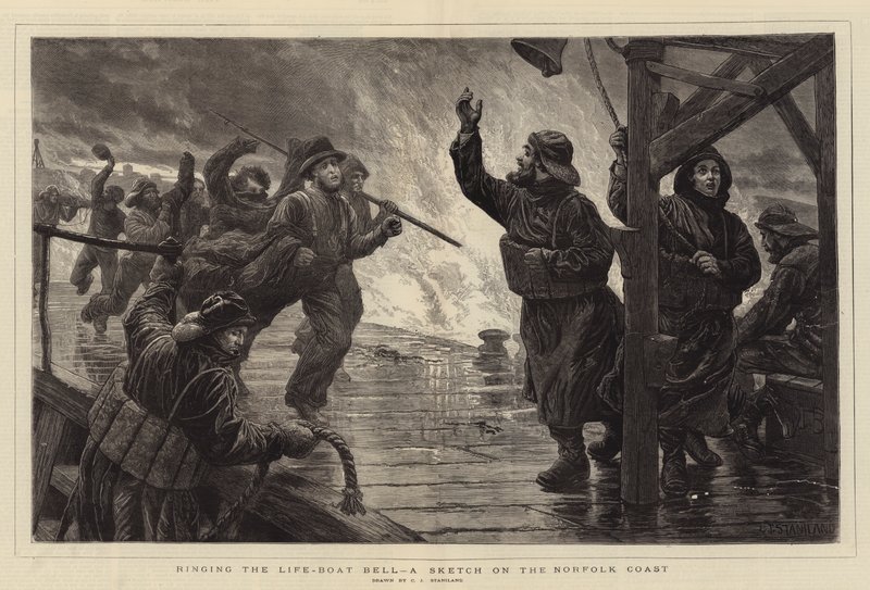 A mentőcsónak csengő megszólalása, vázlat a norfolki parton alkotó: Charles J. Staniland