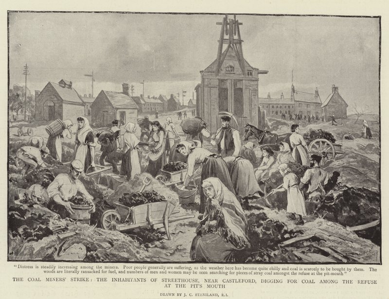 A szénbányászok sztrájkja, Streethouse lakói Castleford mellett, szenet ásnak a gödör szájánál lévő hulladék között alkotó: Charles J. Staniland