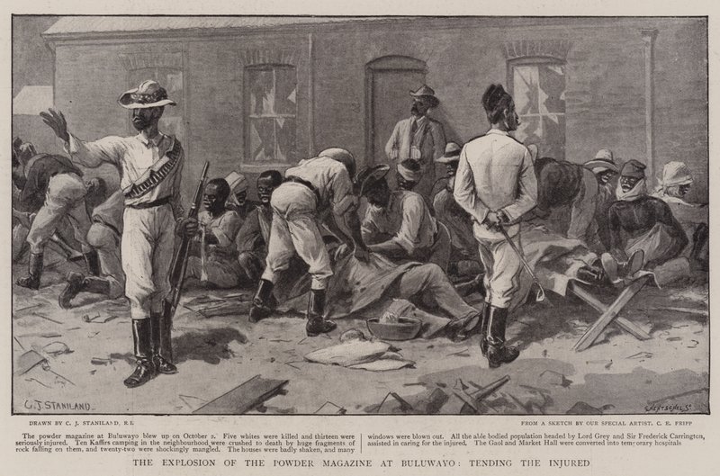 A Powder Magazin felrobbanása Bulawayóban, a sérültek ellátásában alkotó: Charles J. Staniland