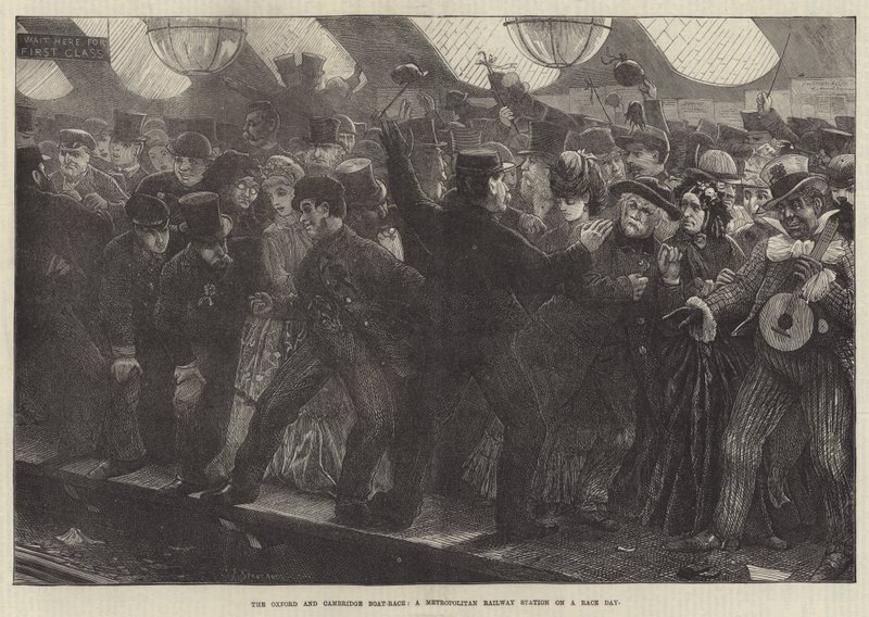 Az Oxford és Cambridge Boat-Race, a Metropolitan pályaudvar egy versenynapon alkotó: Charles J. Staniland