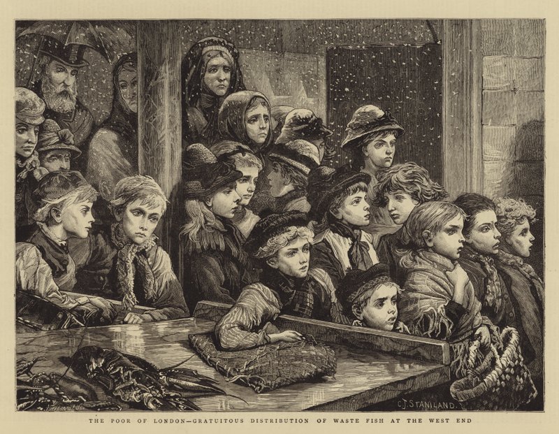 A londoni szegények, a halhulladék ingyenes elosztása a West Enden alkotó: Charles J. Staniland
