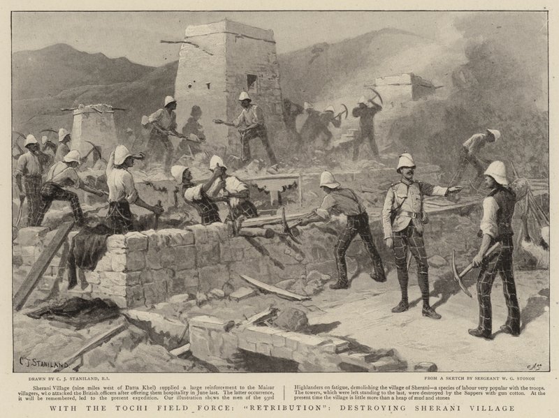 A Tochi Field Force-val, Retribution, Sherani Village elpusztítása alkotó: Charles J. Staniland