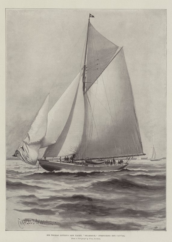 Sir Thomas Lipton új jachtja, a Shamrock, feszíti a vászonját alkotó: Charles John de Lacy