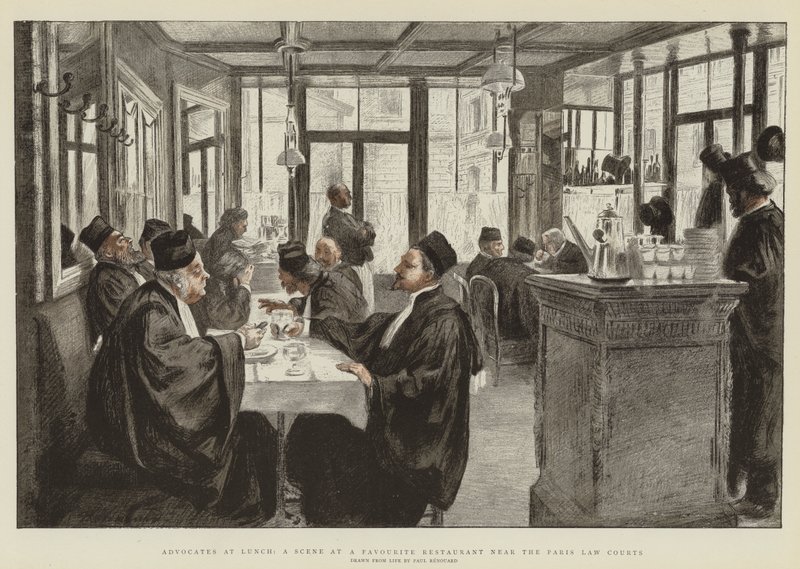 Ügyvédek ebéden, jelenet egy kedvenc étteremben a párizsi törvényszék közelében (chromolitho) alkotó: Charles Paul Renouard