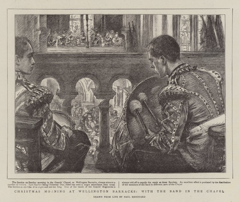 Karácsony reggel a Wellington Barakkban, a zenekarral a kápolnában alkotó: Charles Paul Renouard