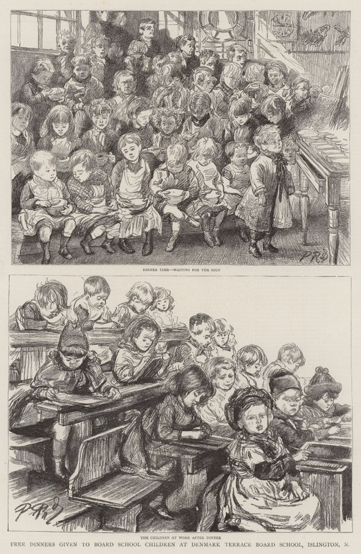 Ingyenes vacsora a bentlakásos gyerekeknek a Denmark Terrace Board Schoolban, Islington, N alkotó: Charles Paul Renouard