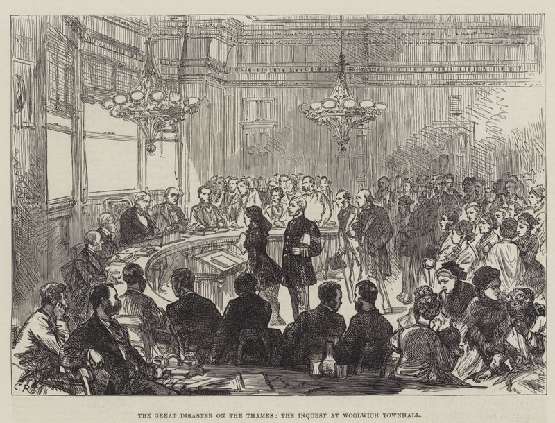 A nagy katasztrófa a Temzén, a vizsgálat a woolwichi városházán alkotó: Sir John Charles Robinson