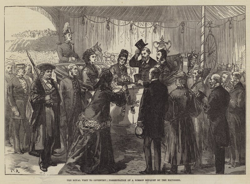 Királyi látogatás Coventryben, a polgármesternő szalagcsokor átadása alkotó: Sir John Charles Robinson