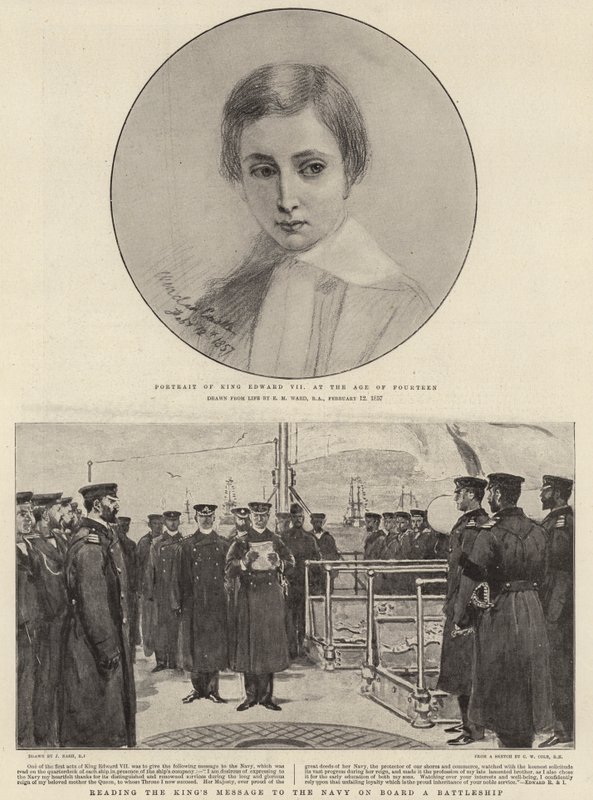 VII. Edward király portréja tizennégy évesen, amint egy csatahajó fedélzetén olvassa a király üzenetét a haditengerészetnek alkotó: Edgar Melville Ward