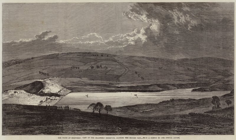 Az árvíz Sheffieldben, kilátás a Bradfield-tározóra, a letört gát látható alkotó: Edmund Morison Wimperis