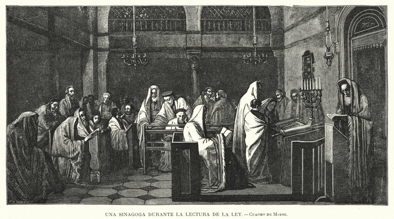 Zsinagóga tóraolvasás közben (litho) alkotó: Edouard Moyse