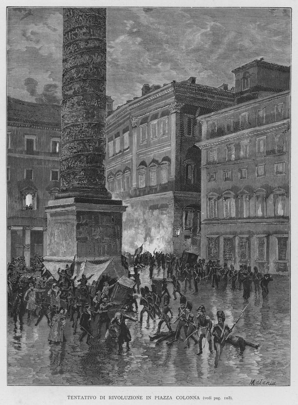 Forradalom kísérlete a Piazza Colonnán (metszet) alkotó: Edouardo Matania