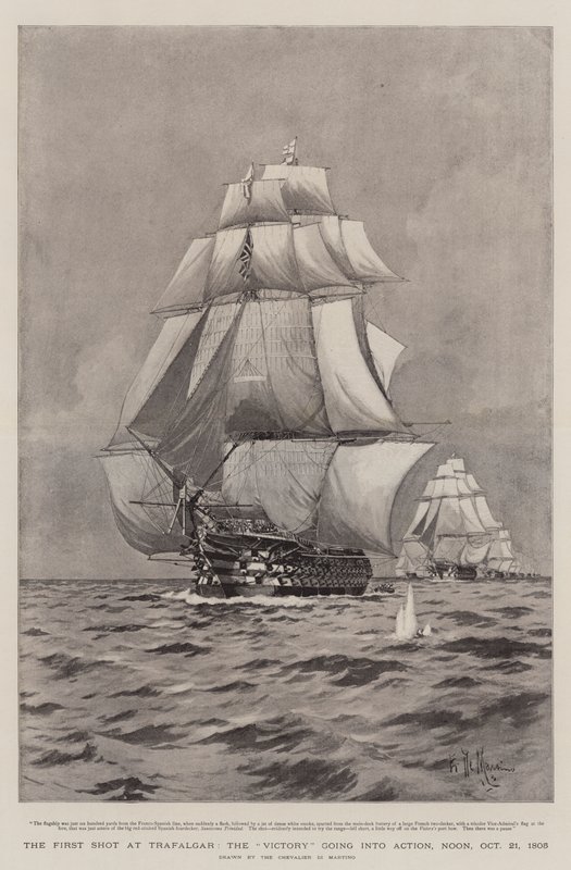 Az első lövés Trafalgarnál, a Victory hadba lépése, 1805. október 21., délben. alkotó: Eduardo de Martino