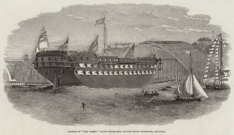 A The Cressy Screw Steam-Ship felbocsátása a Chatham-i Royal Dockyardban alkotó: Edwin Weedon