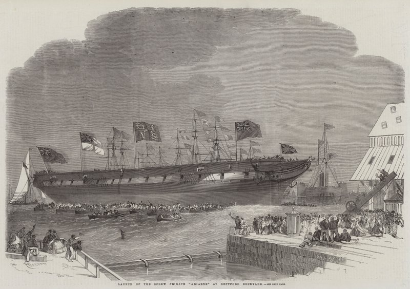 Az Ariadne csavaros fregatt vízre bocsátása a Deptford Dockyardban alkotó: Edwin Weedon