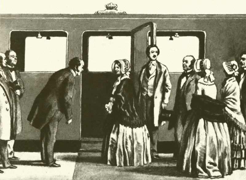 George Hudson, a vasúti király meghajol Viktória királynő és Albert herceg előtt, miközben arról szólnak? alkotó: English School