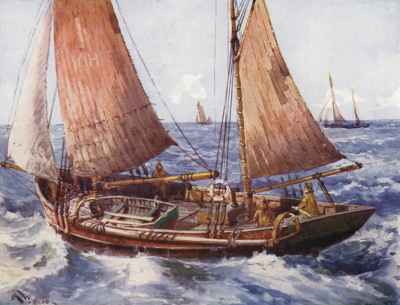 Vonóhálós halászhajó a tengeren (színes litho) alkotó: English School